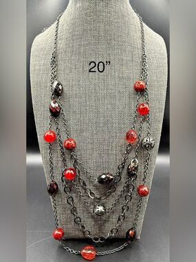 163. Gothic Glam Gunmetal Multi-Chain Layered Crimson Red & Black Gem Necklace